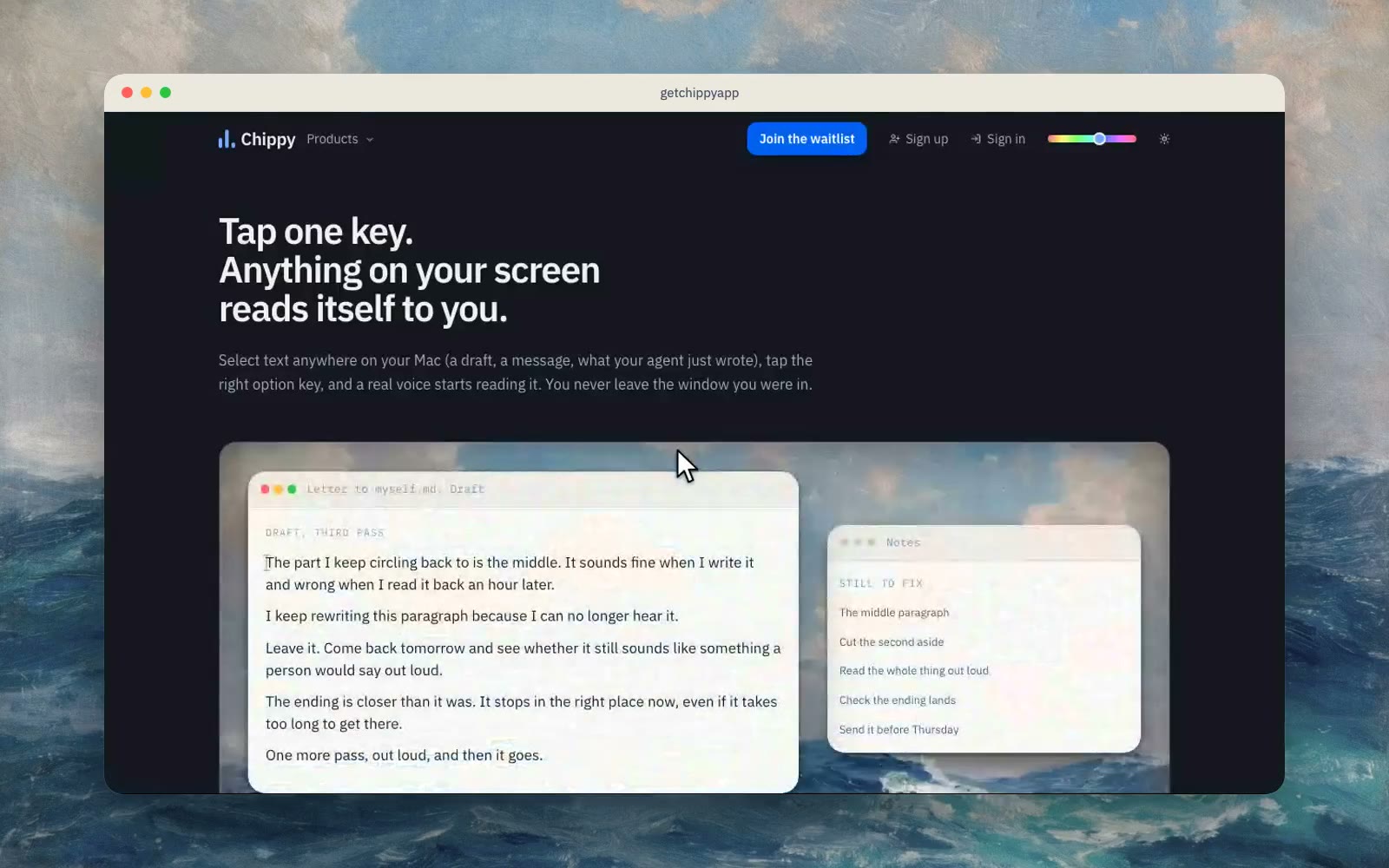 A frame from the film: Feedback, the page in the home page's window over the sea painting.