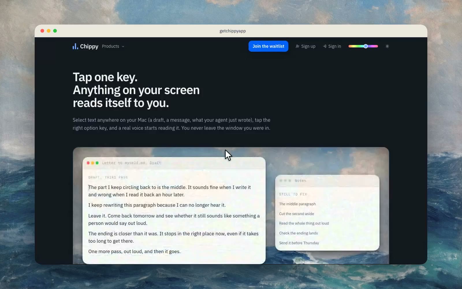 A frame from the film: Your colour, the page in the home page's window over the sea painting.